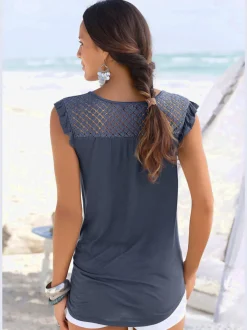 T-shirt de plage à encolure avec fente et volants