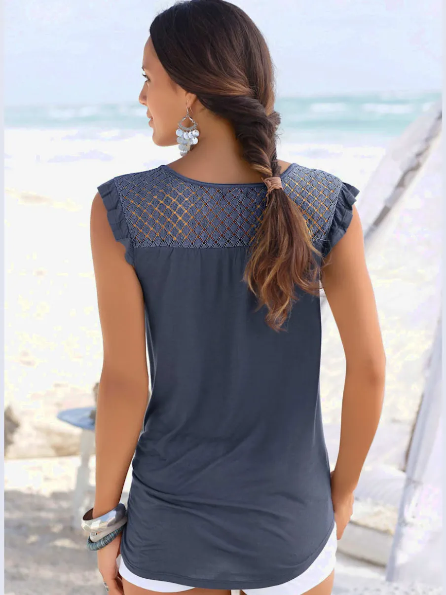 T-shirt de plage à encolure avec fente et volants