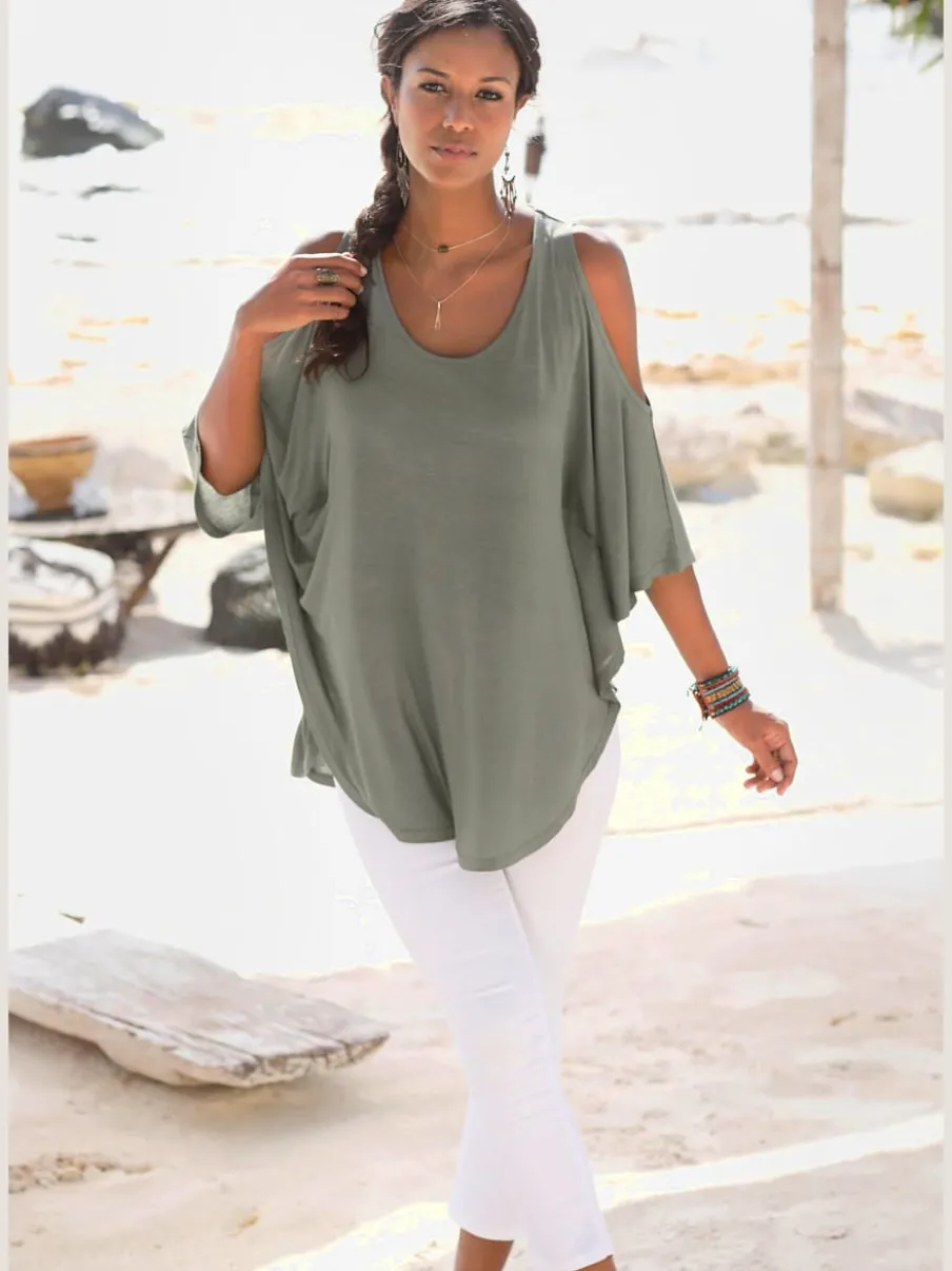 T-shirt de plage à encolure ronde et manches 3/4 avec rubans en viscose