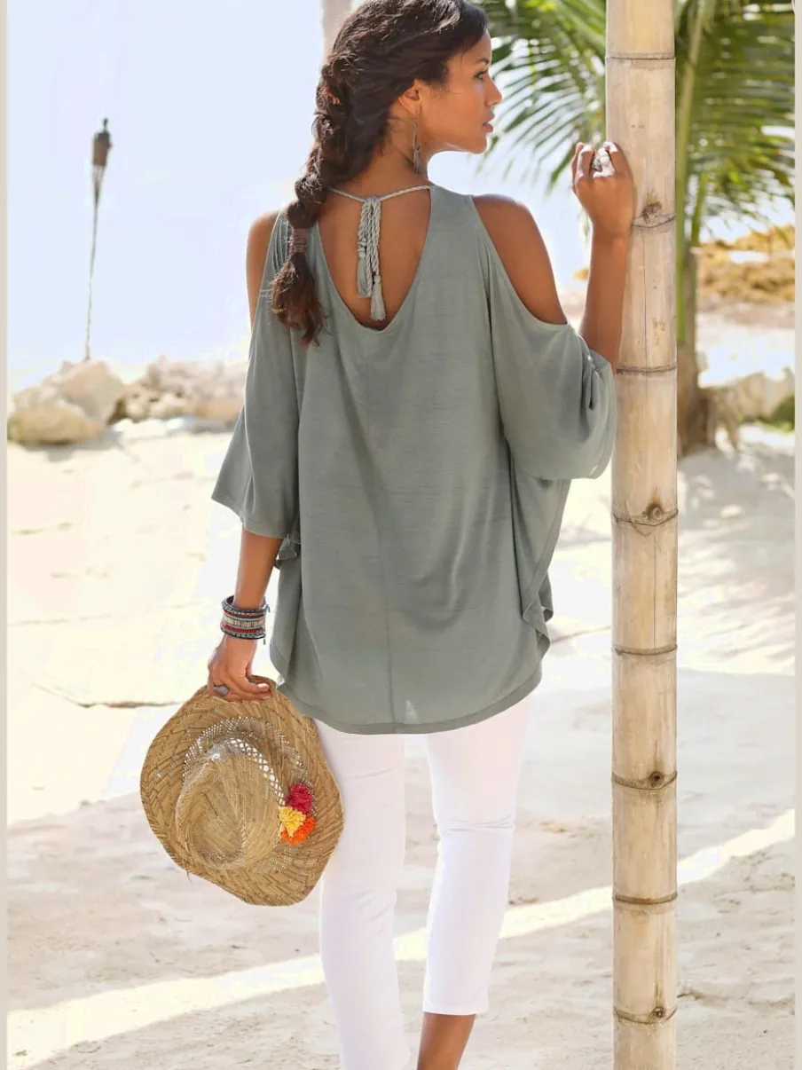 T-shirt de plage à encolure ronde et manches 3/4 avec rubans en viscose