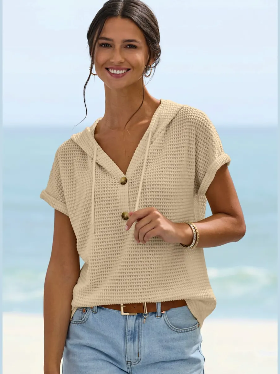 T-shirt de plage en matière gaufrée avec capuche et patte de boutonnage