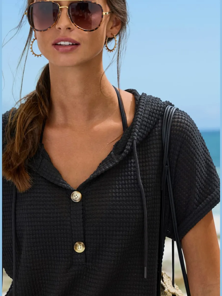 T-shirt de plage en matière gaufrée avec capuche et patte de boutonnage
