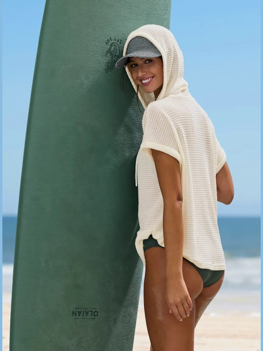 T-shirt de plage en matière gaufrée avec capuche et patte de boutonnage