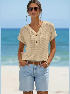 T-shirt de plage en matière gaufrée avec capuche et patte de boutonnage