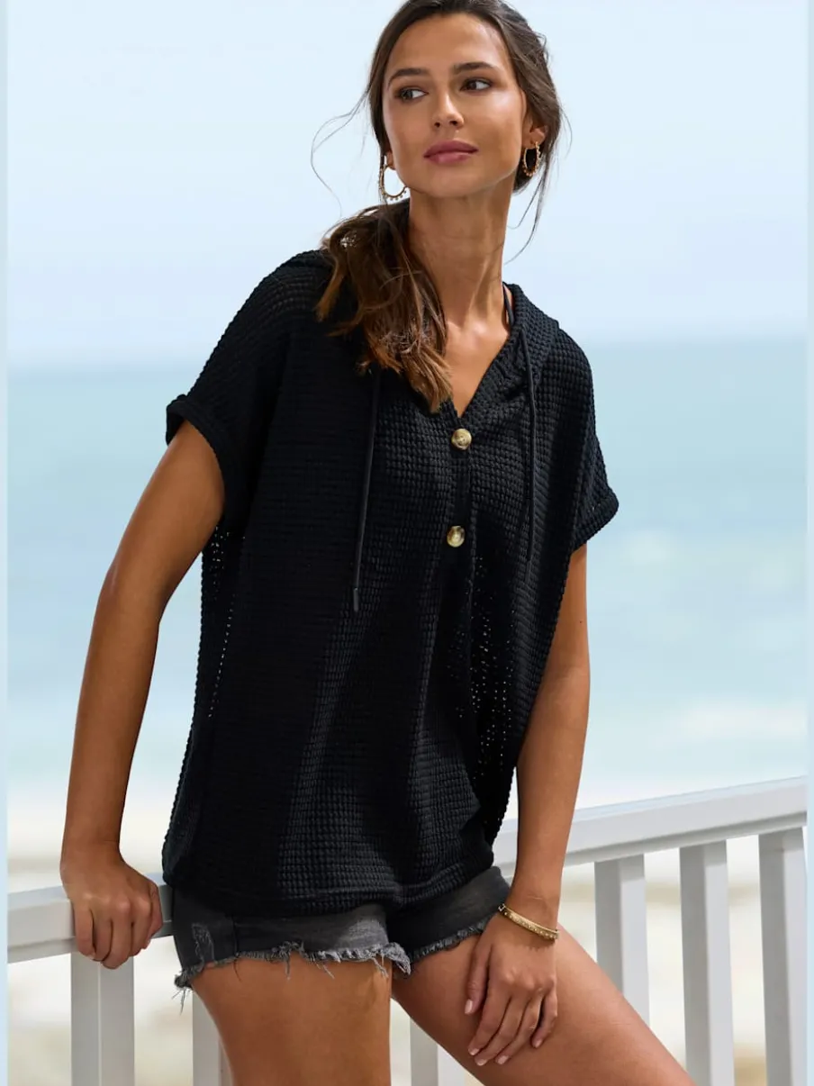 T-shirt de plage en matière gaufrée avec capuche et patte de boutonnage