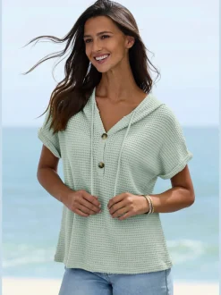 T-shirt de plage en matière gaufrée avec capuche et patte de boutonnage