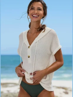 T-shirt de plage en matière gaufrée avec capuche et patte de boutonnage