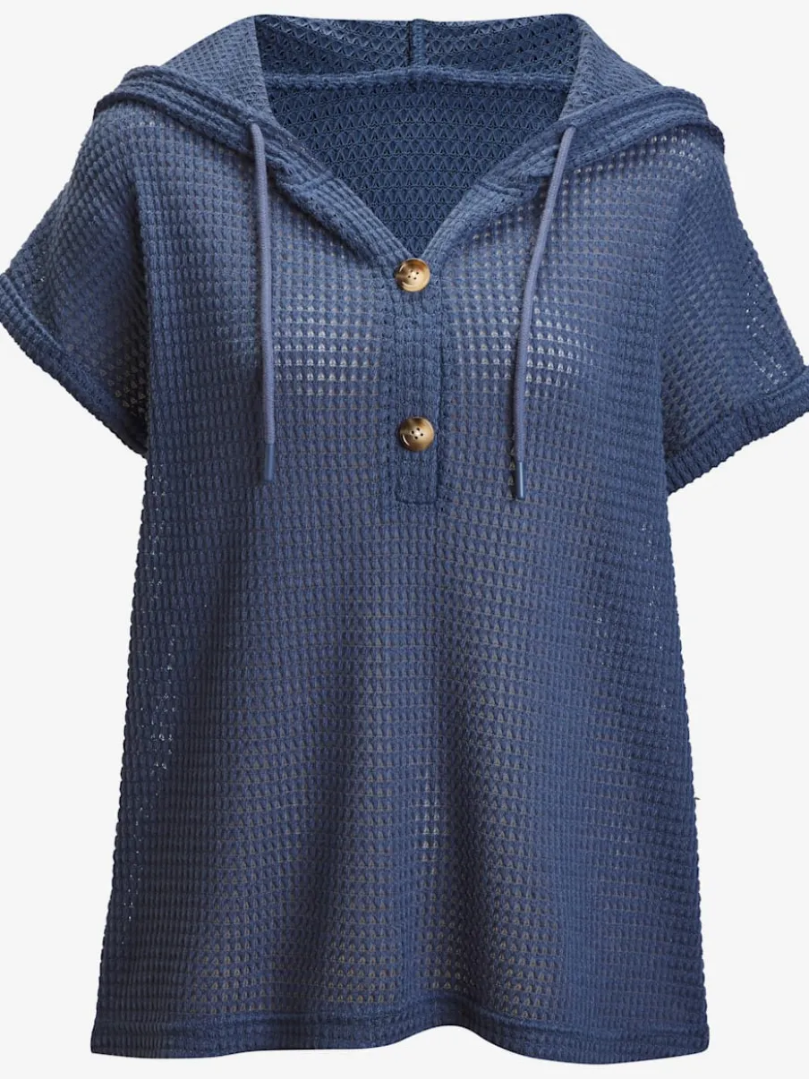T-shirt de plage en matière gaufrée avec capuche et patte de boutonnage