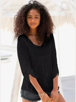 T-shirt de plage à manches 3/4 avec détails brodés et rubans