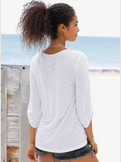 T-shirt de plage à manches 3/4 avec détails brodés et rubans
