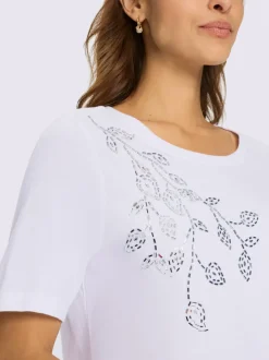 T-shirt doux col rond avec feuilles pailletées devant
