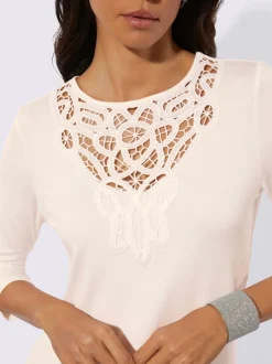 T-shirt à empiècement en dentelle avec encolure ronde et manches 3/4