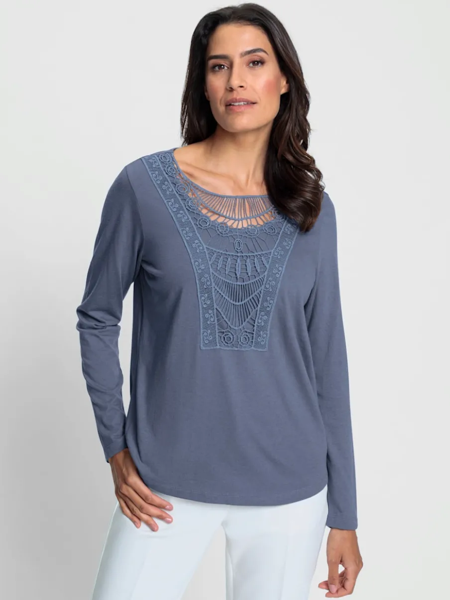 T-shirt empiecement dentelle col arrondi manches longues