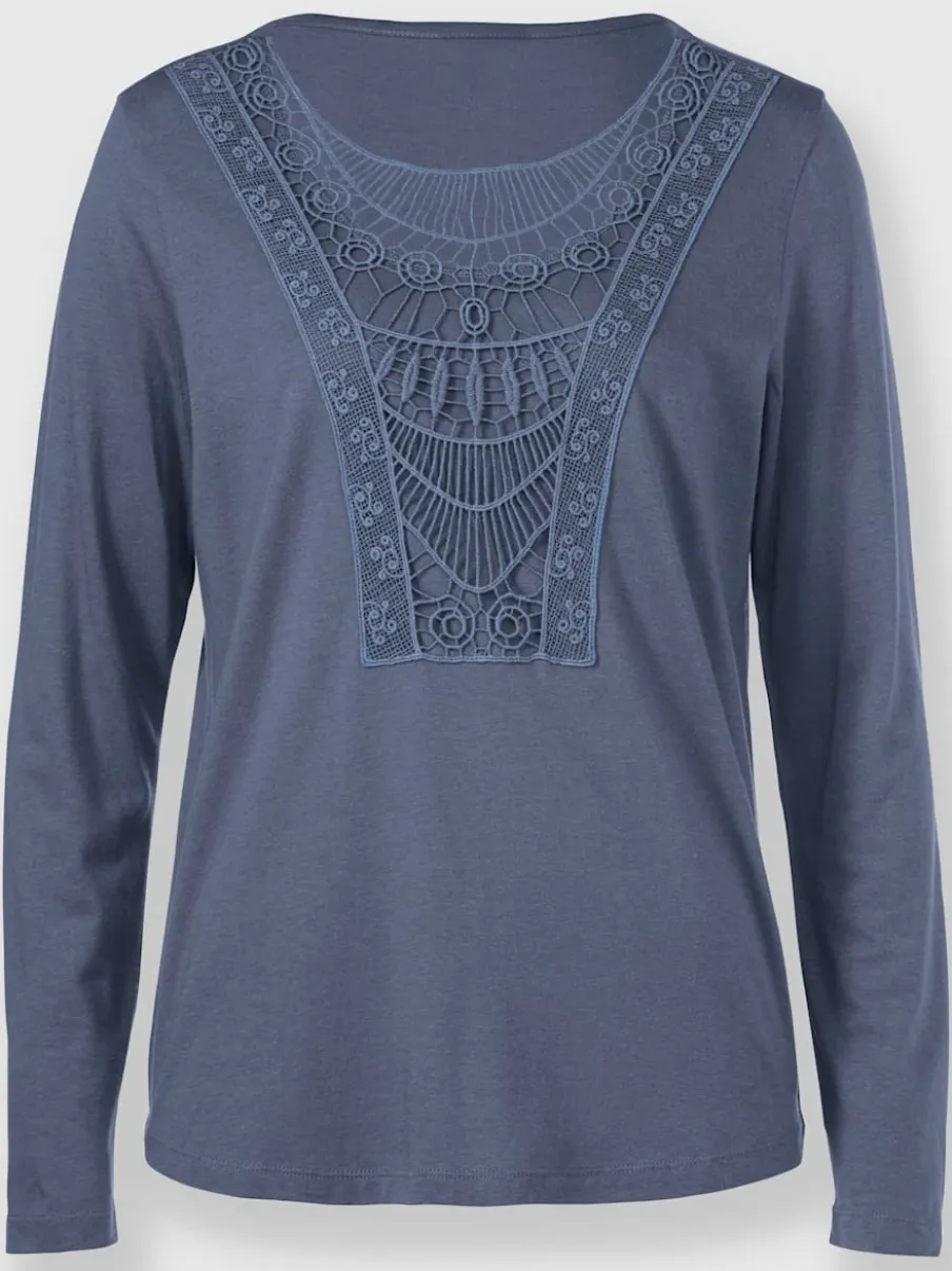 T-shirt empiecement dentelle col arrondi manches longues