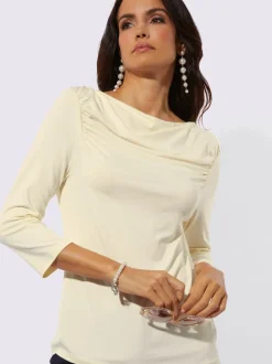 T-shirt à encolure en U avec fronces aux épaules et manches 3/4