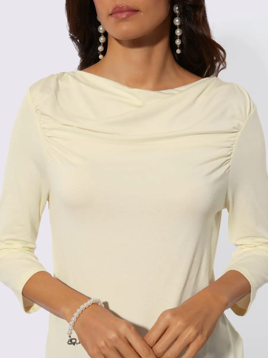 T-shirt à encolure en U avec fronces aux épaules et manches 3/4