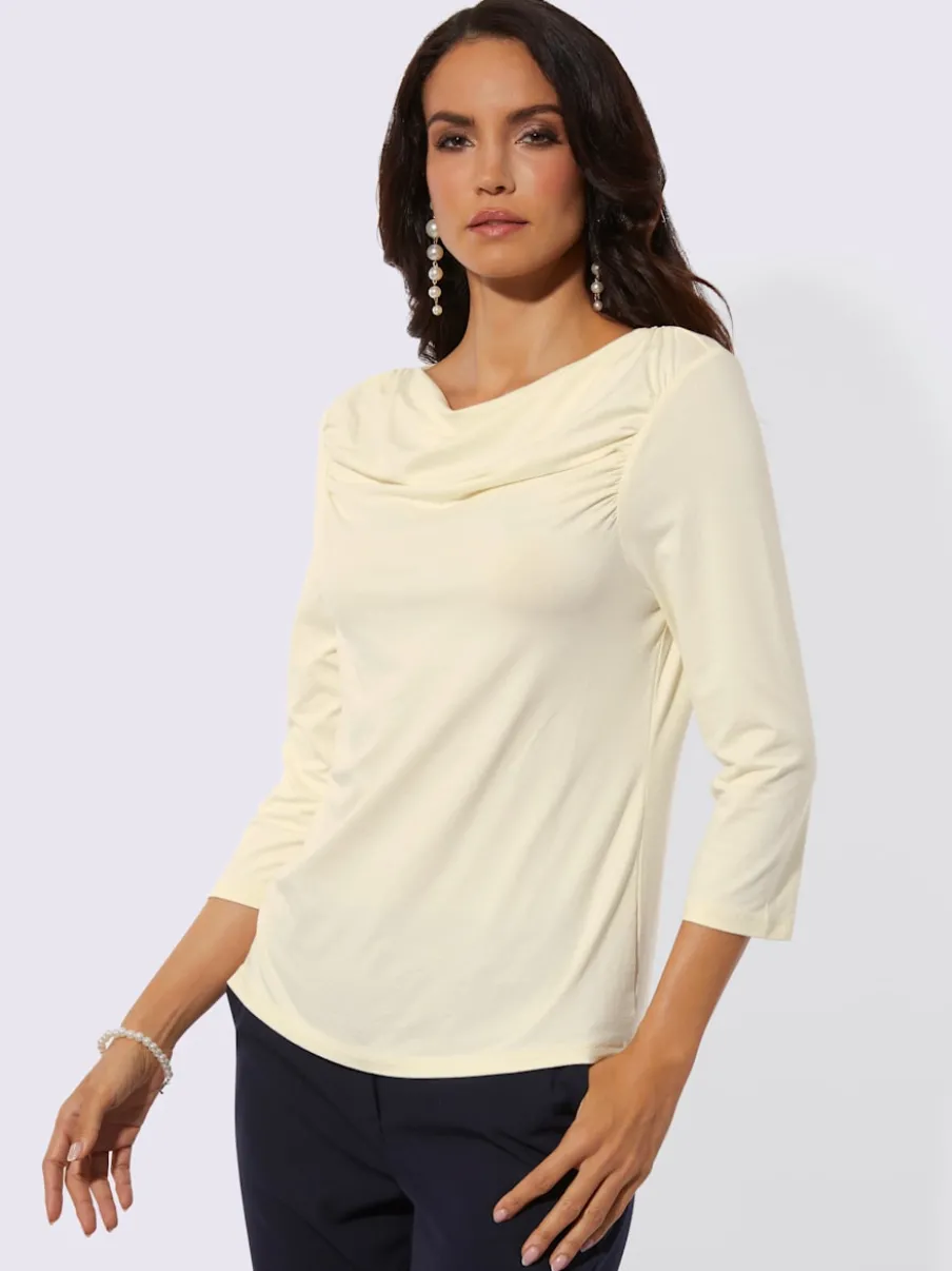 T-shirt à encolure en U avec fronces aux épaules et manches 3/4