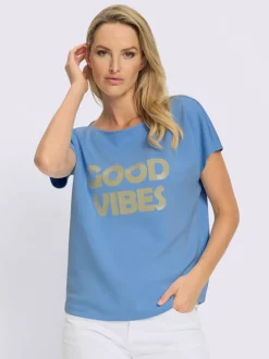 T-shirt à encolure en U avec inscription et manches courtes