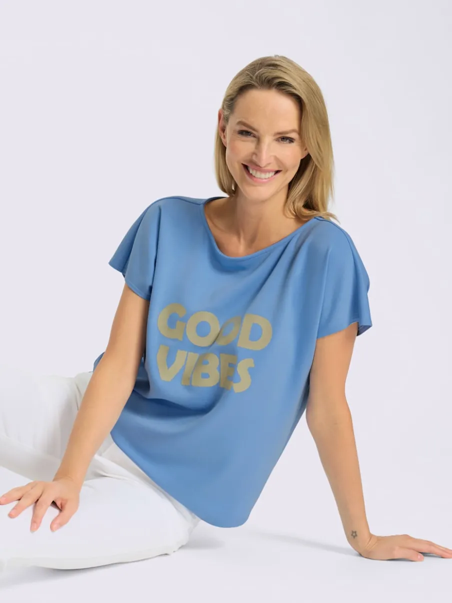 T-shirt à encolure en U avec inscription et manches courtes