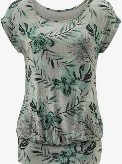 T-shirt à encolure large à motifs feuilles et manches courtes
