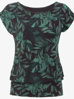 T-shirt à encolure large à motifs feuilles et manches courtes
