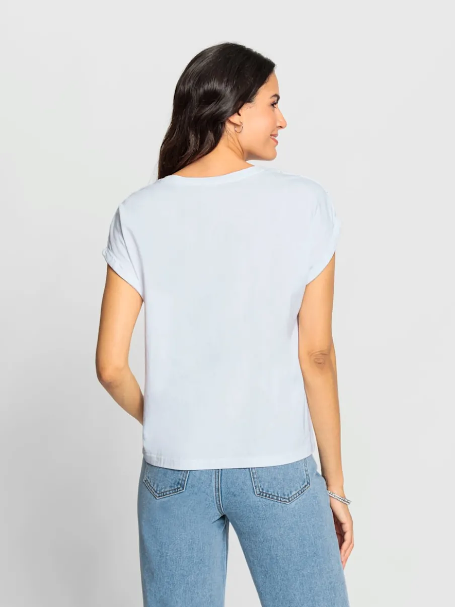 T-shirt à encolure ronde avec broderie ajourée et manches courtes