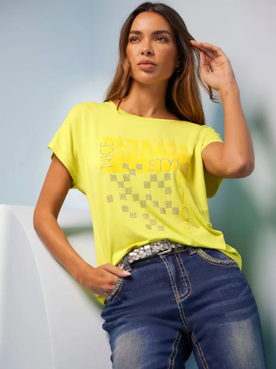 T-shirt à encolure ronde avec imprimé graphique et pierres