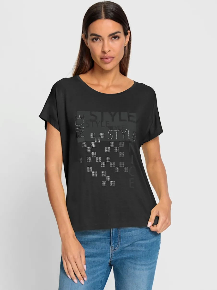T-shirt à encolure ronde avec imprimé graphique et pierres