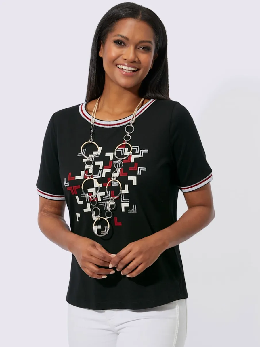 T-shirt à encolure ronde avec imprimé graphique et bords-côtes brillants