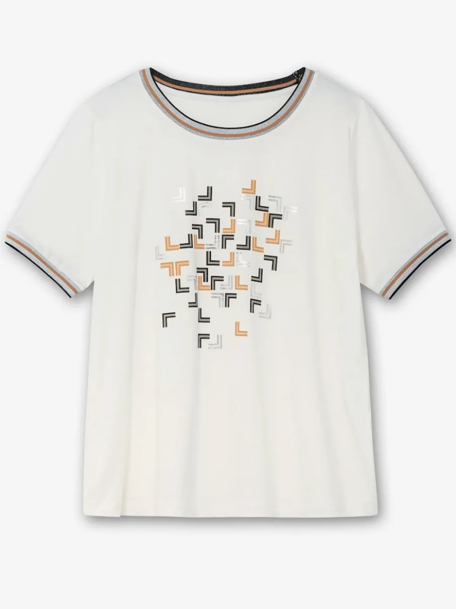 T-shirt à encolure ronde avec imprimé graphique et bords-côtes brillants
