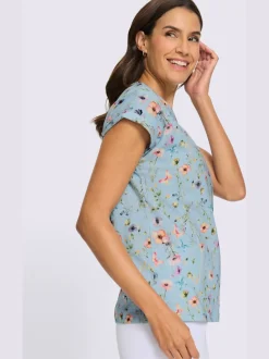 T-shirt à encolure ronde avec imprimé floral en flammé