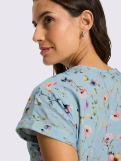 T-shirt à encolure ronde avec imprimé floral en flammé