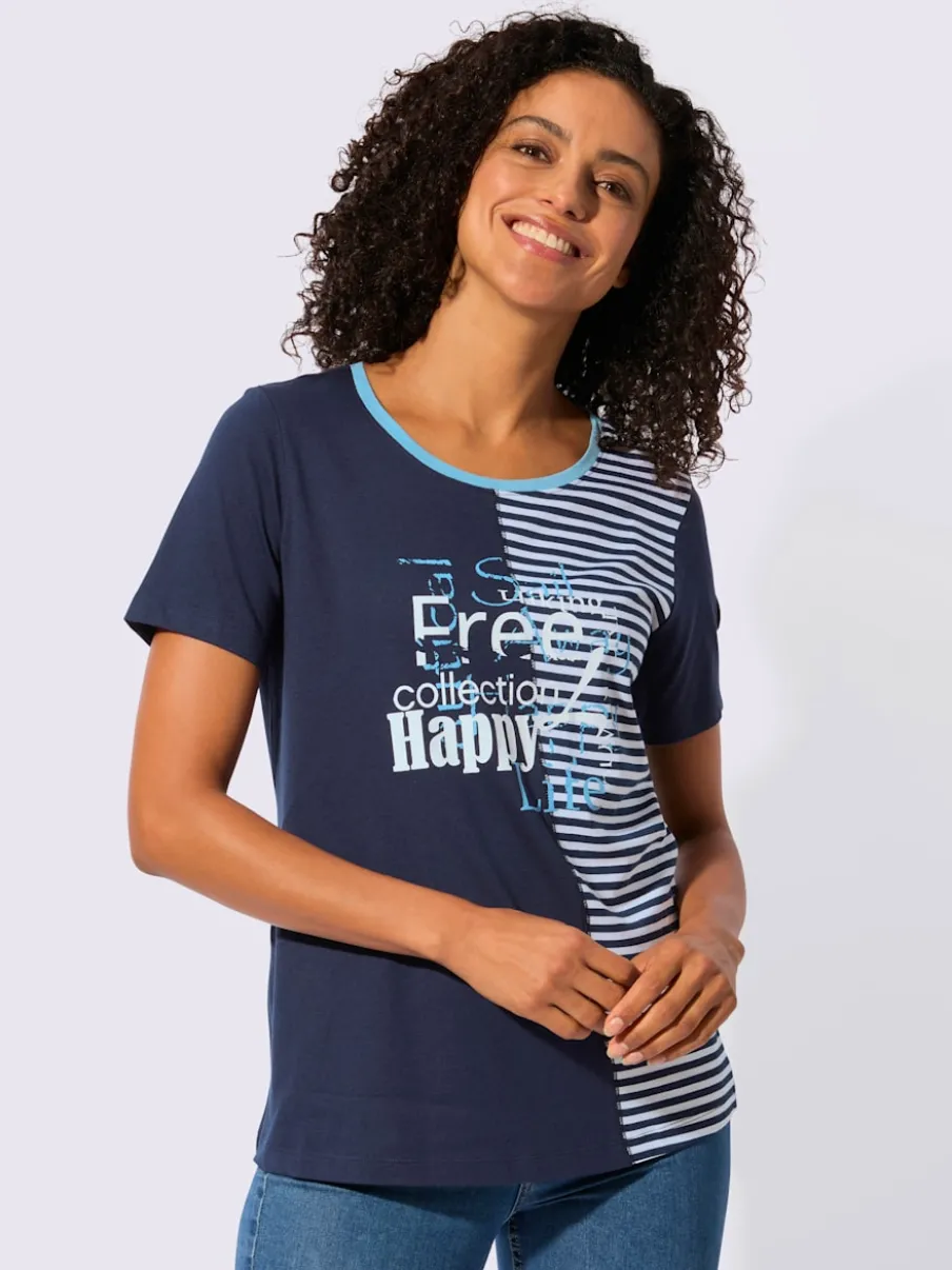 T-shirt à encolure ronde avec imprimé bicolore et rayures
