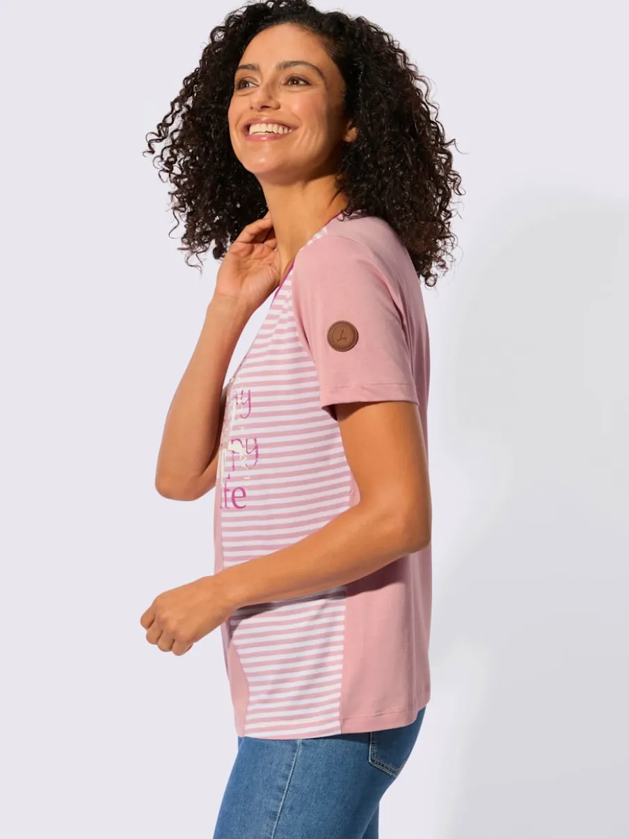 T-shirt à encolure ronde avec imprimé bicolore et rayures