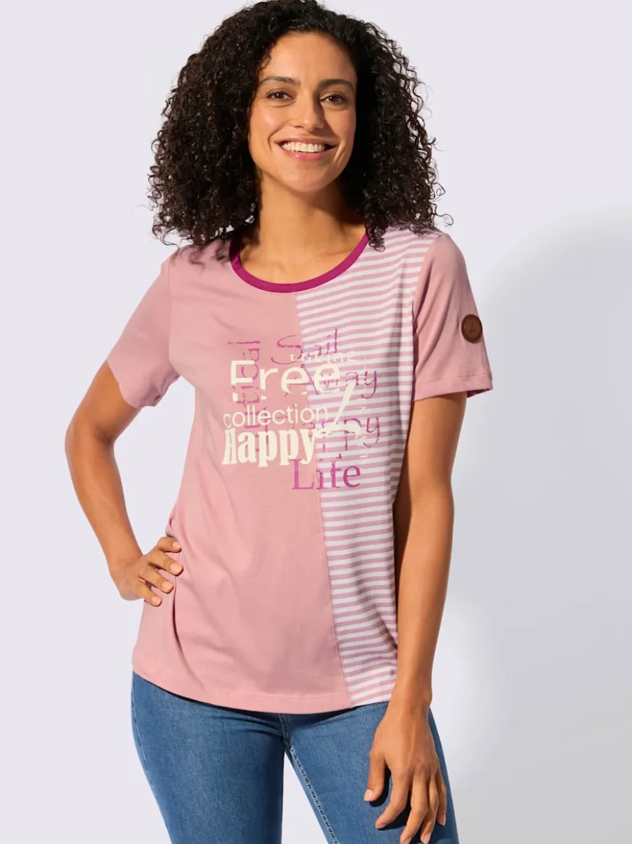 T-shirt à encolure ronde avec imprimé bicolore et rayures