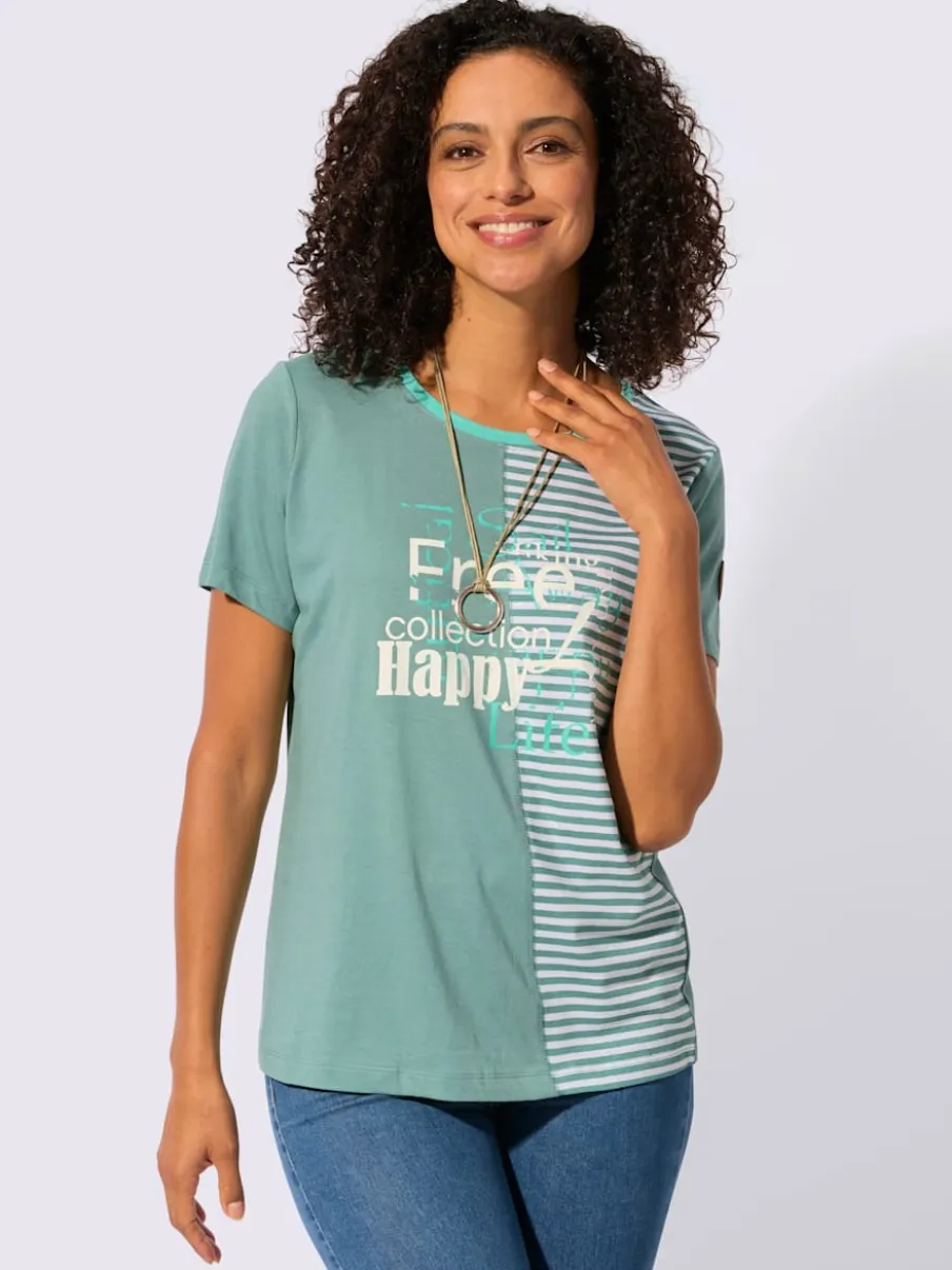 T-shirt à encolure ronde avec imprimé bicolore et rayures