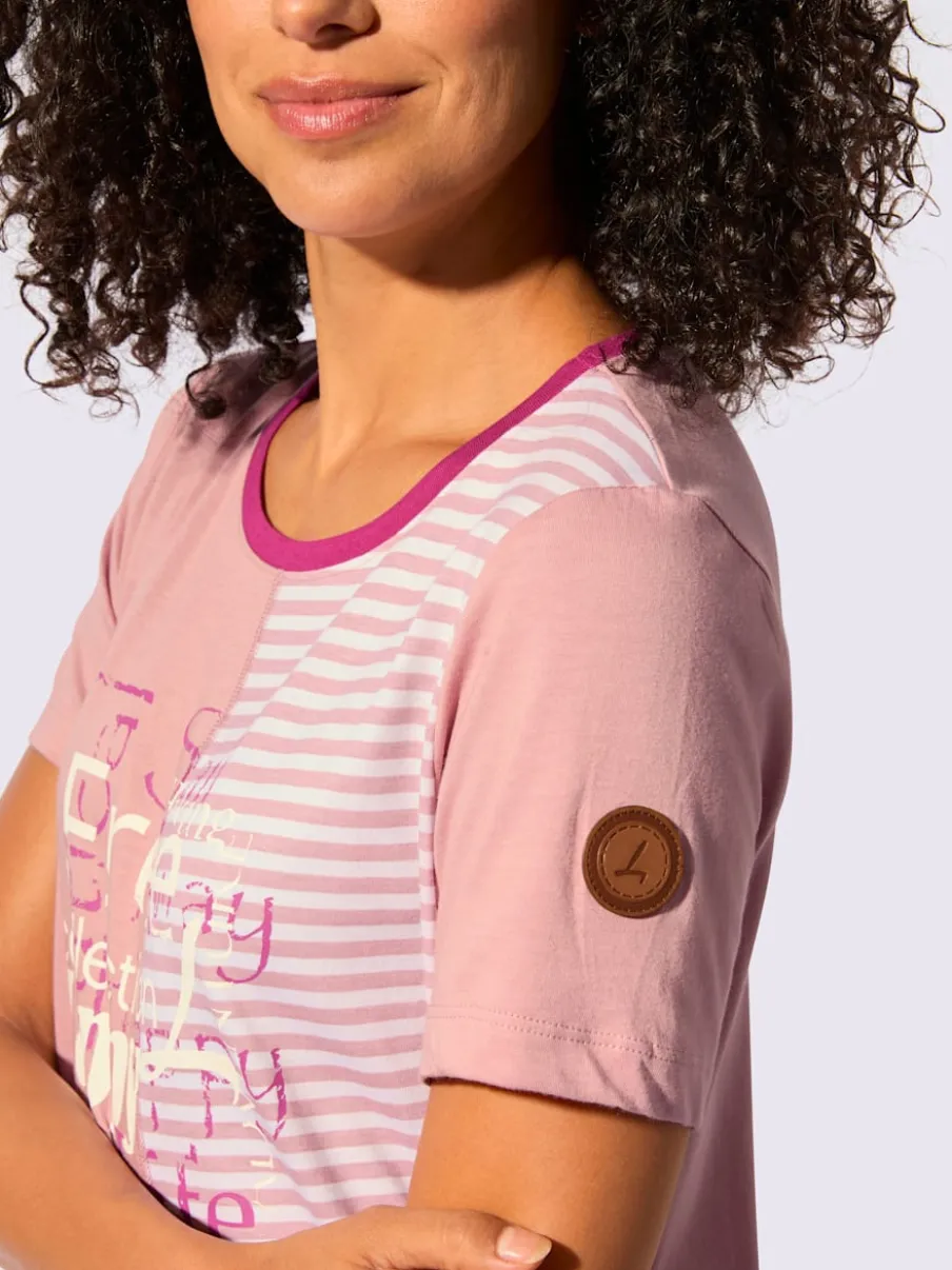 T-shirt à encolure ronde avec imprimé bicolore et rayures