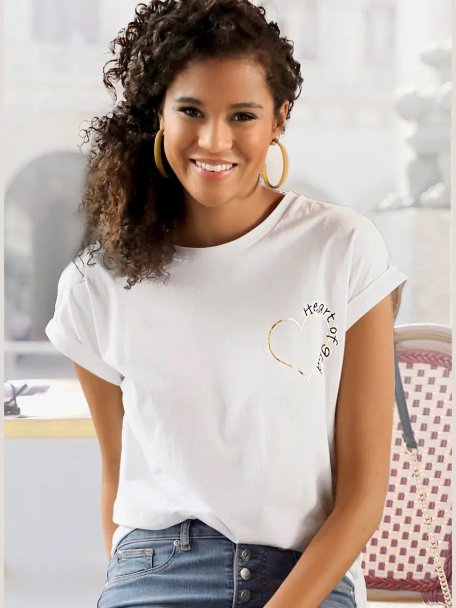 T-shirt à encolure ronde avec inscription en coton doux