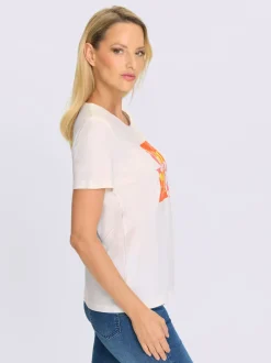 T-shirt à encolure ronde avec inscription et motif rayé