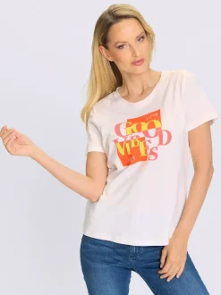 T-shirt à encolure ronde avec inscription et motif rayé