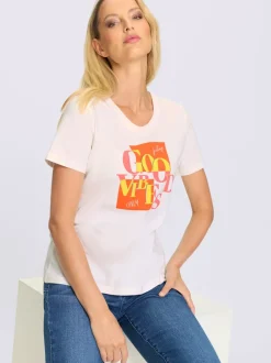T-shirt à encolure ronde avec inscription et motif rayé