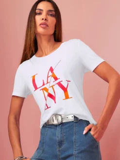 T-shirt à encolure ronde avec inscription et pierres brillantes