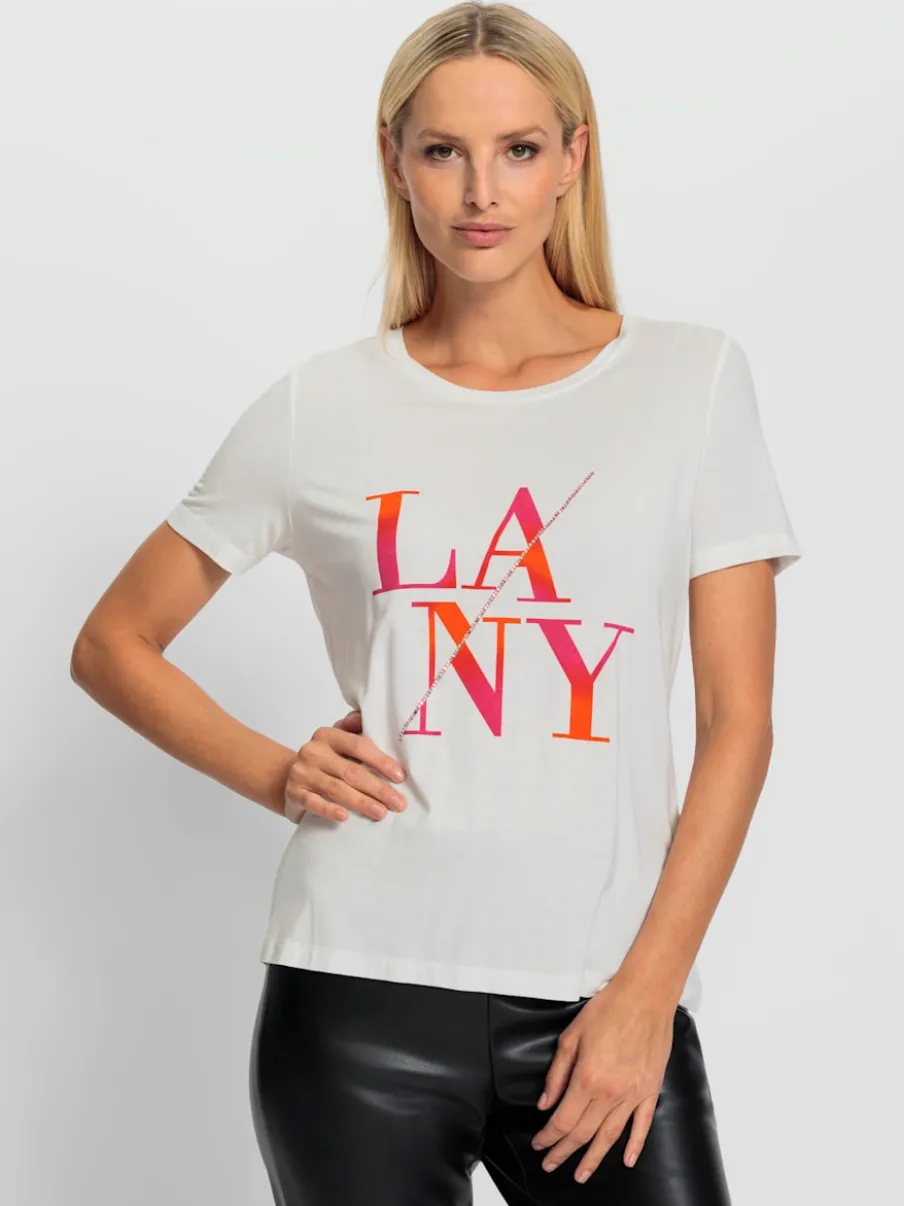 T-shirt à encolure ronde avec inscription et pierres brillantes