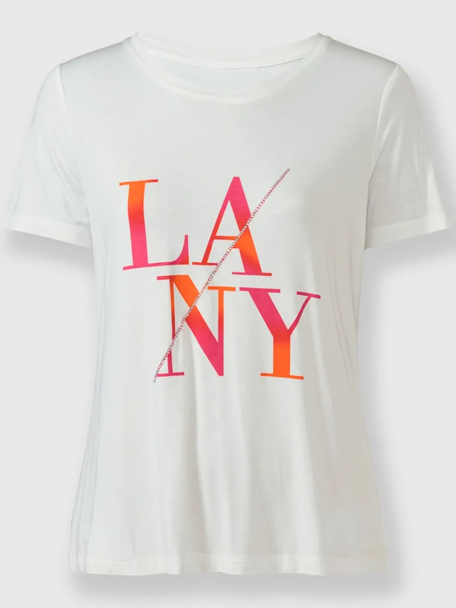 T-shirt à encolure ronde avec inscription et pierres brillantes
