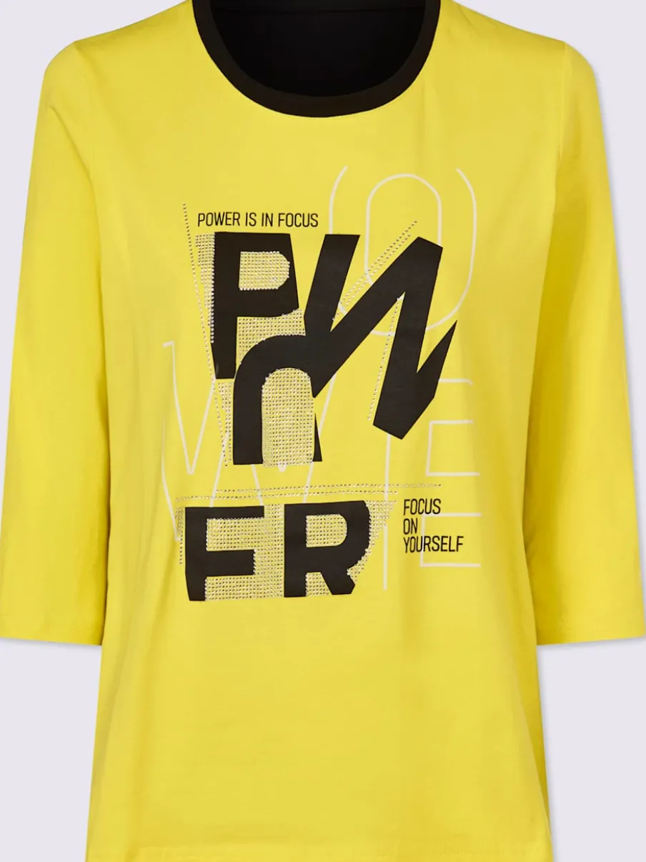 T-shirt à encolure ronde avec inscription et pierres brillantes