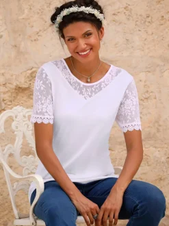T-shirt à encolure ronde avec manches courtes en dentelle
