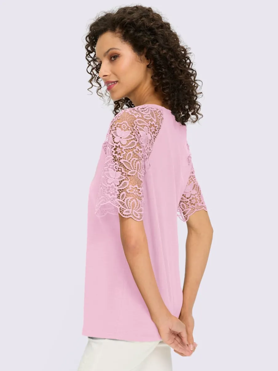 T-shirt à encolure ronde avec manches en dentelle transparente