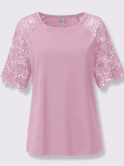 T-shirt à encolure ronde avec manches en dentelle transparente