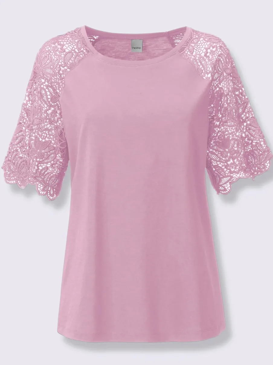 T-shirt à encolure ronde avec manches en dentelle transparente