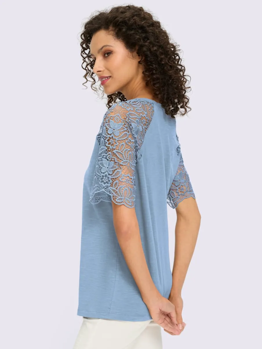 T-shirt à encolure ronde avec manches en dentelle transparente